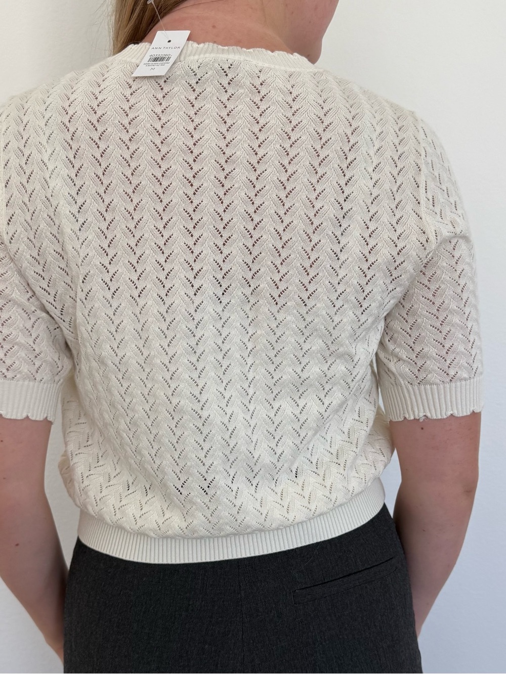 Ann Taylor Cream Short-Sleeve Eyelet Knit Pullover - Picture 2 of 3